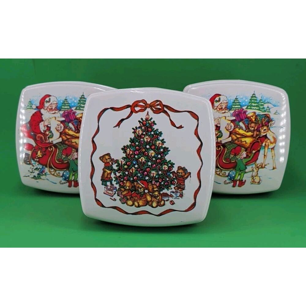 Vtg LOT 3 ULLMAN CO Christmas PLASTIC Lidded Cookie Candy CONTAINERS Made in USA
